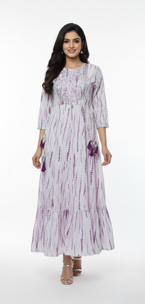 Lavender & White Shibori Print Dress with Silver Embroidery