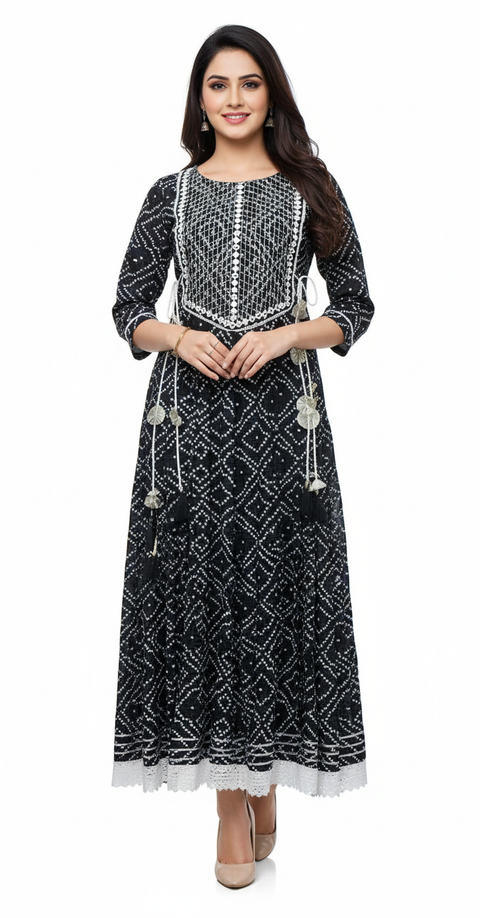 Midnight Black Bandhani Print Anarkali Gown with Intricate Yoke Embroidery