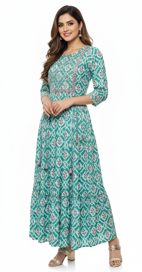 Sky Blue Geometric Print Tiered Dress with Neck Embroidery