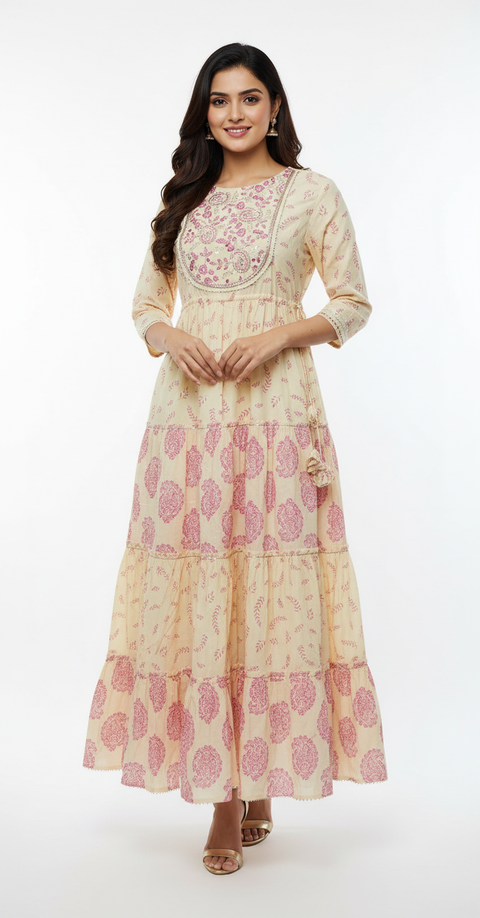 Yellow Pink  A-Line Kurti