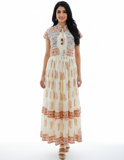 White and Orange A-Line Kurti