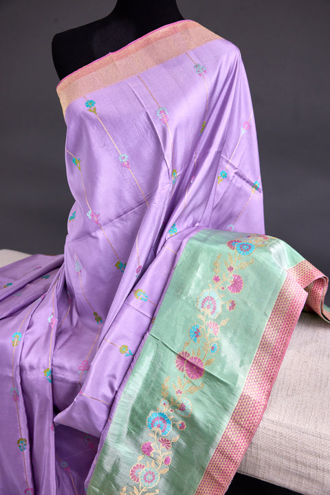 Lavender and Sea Green Pure Banaras Saree