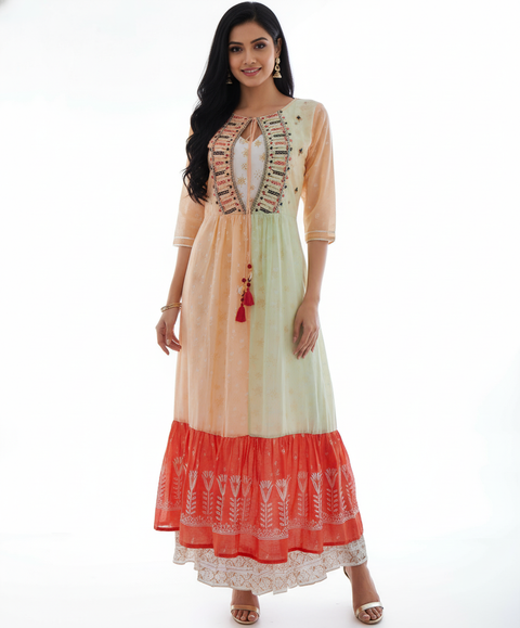 Peach and Mint Green Layered Dress with Embroidered Bodice and Tassels