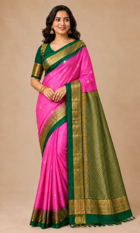 Lotus Pink and Green Kanjivaram Saree
