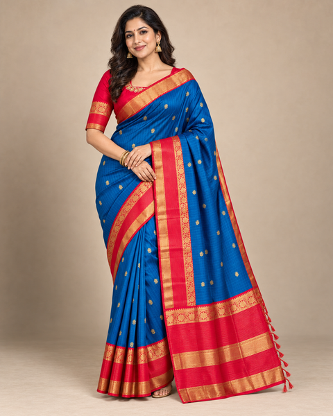 Navy Blue and Red Kanjivaram Saree