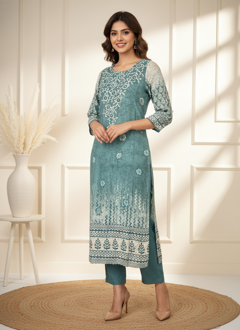 Green Kurta & Pant Set in Gajji Silk