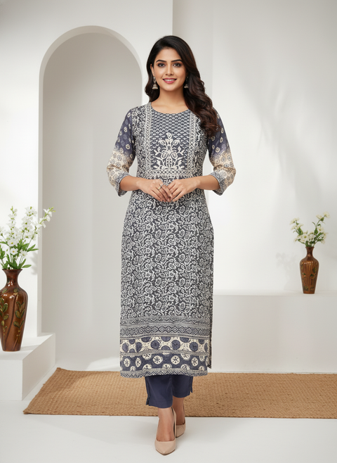 Grey Kurta & Pant Set in Gajji Silk