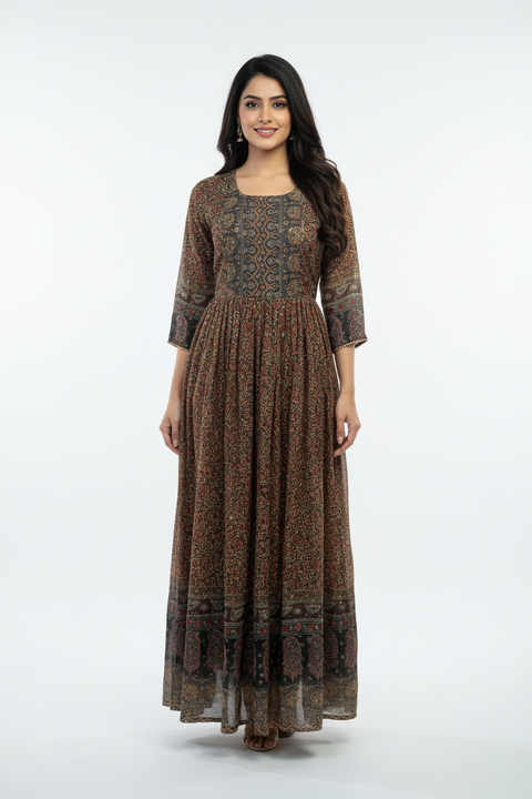 Deep Brown Paisley Print Georgette Dress with Gathered Waist
