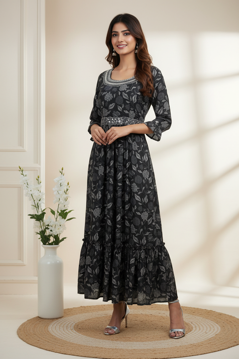 Black Floral A-Line Kurti with Belt
