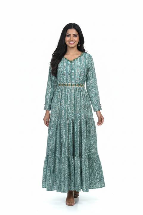 Sea Green and White Long A-Line Kurta