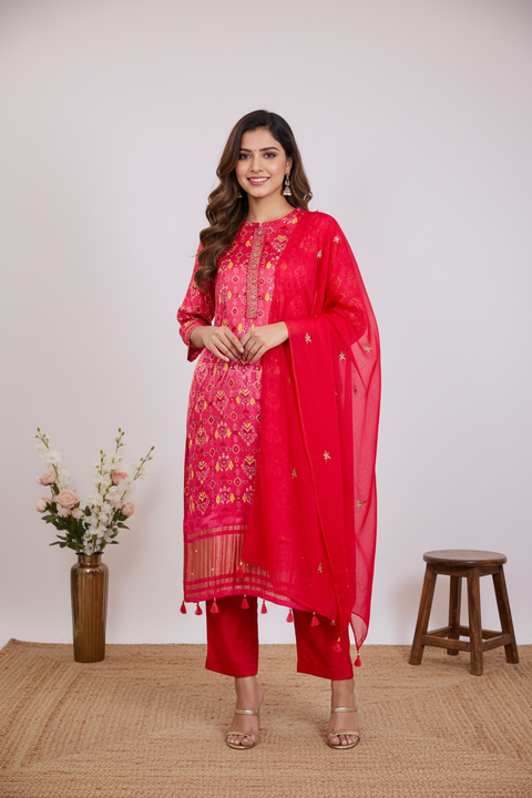 Pink Kurta, Pants and Dupatta set in Gajji Silk