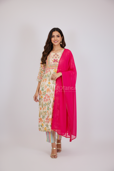 Cream and Pink Kurta, Pants and Dupatta set in Muslin