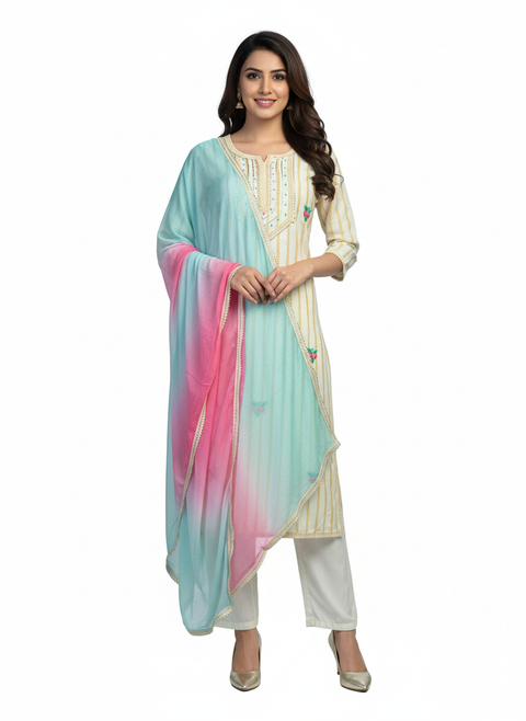 Cream Kurta, Pants and Dupatta set in Cotton