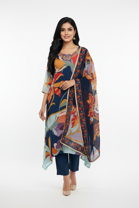 Blue Kurta, Pants and Dupatta set in Crepe Silk