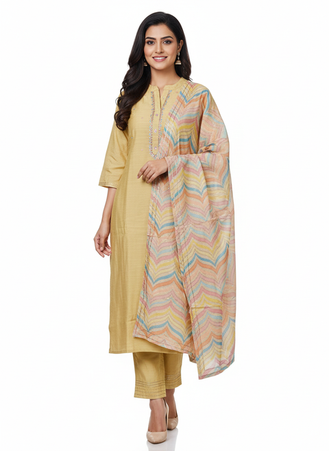 Yellow Kurta, Pants and Dupatta set in Muslin