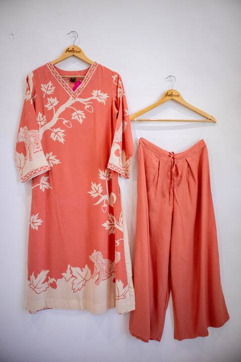 Light Orange Kurta & Pant Set in Rayon silk