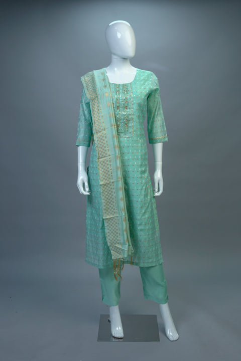 Light Blue Kurta, Pants and Dupatta set in Chanderi Silk