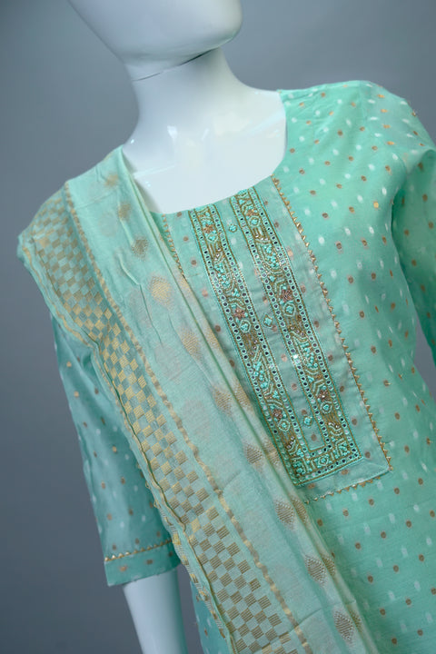Light Blue Kurta, Pants and Dupatta set in Chanderi Silk