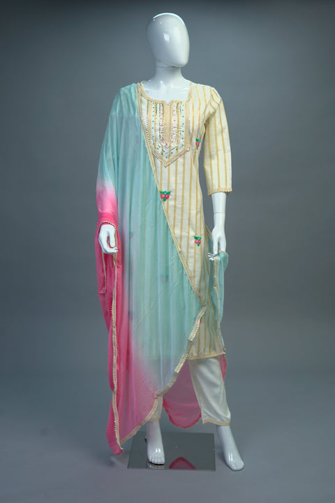 Cream Kurta, Pants and Dupatta set in Cotton
