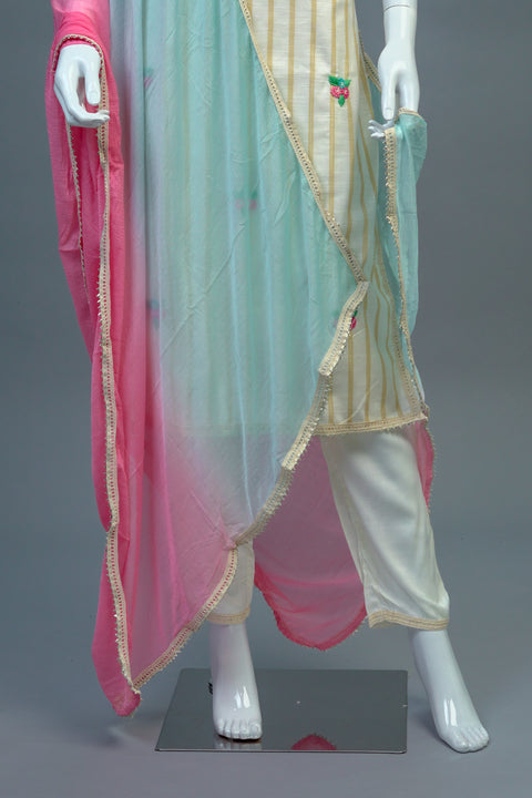 Cream Kurta, Pants and Dupatta set in Cotton
