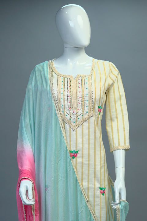 Cream Kurta, Pants and Dupatta set in Cotton