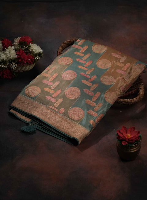 Green and Mustard Organza Tissue Saree