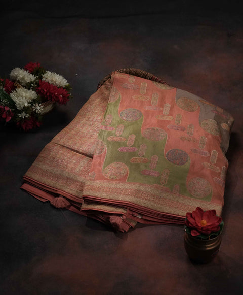 Peach and Green Organza Tissue Saree