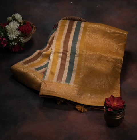 Yellow and Cream Dola Silk Saree