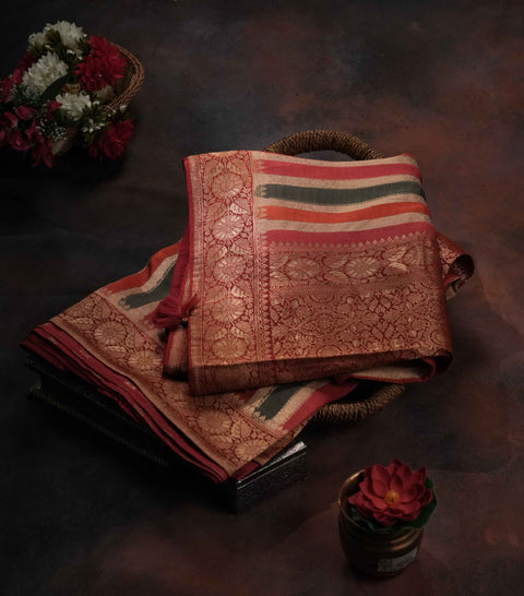 Red and Cream Dola Silk Saree