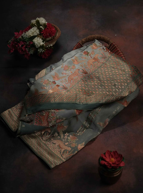 Light Blue Satin Organza Saree