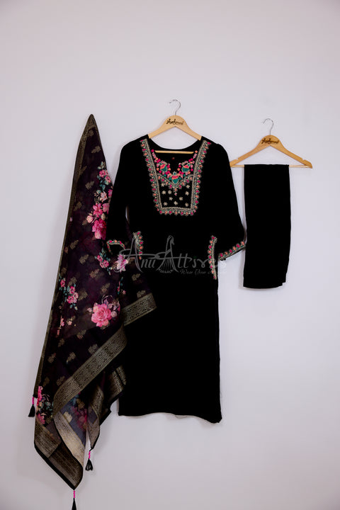 Black Kurta, Pants and Dupatta set in Dola Silk