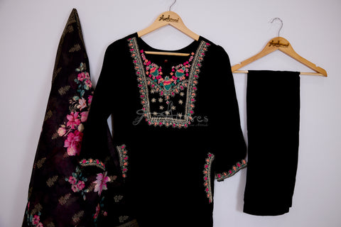 Black Kurta, Pants and Dupatta set in Dola Silk
