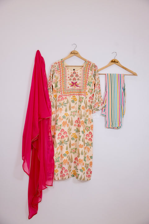 Cream and Pink Kurta, Pants and Dupatta set in Muslin