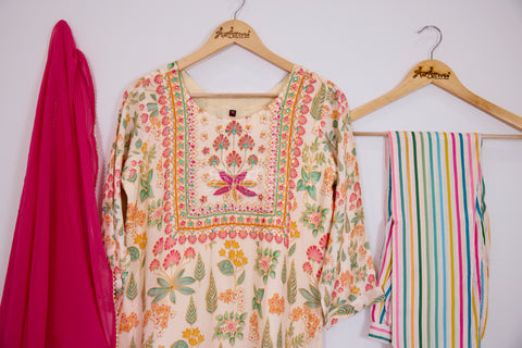 Cream and Pink Kurta, Pants and Dupatta set in Muslin