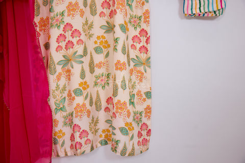 Cream and Pink Kurta, Pants and Dupatta set in Muslin