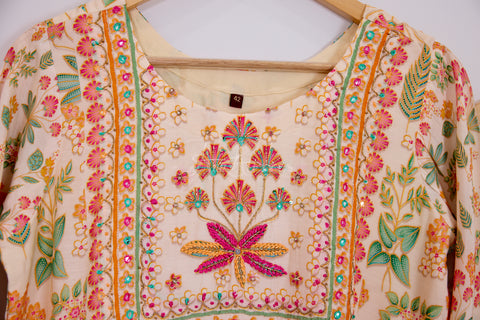 Cream and Pink Kurta, Pants and Dupatta set in Muslin