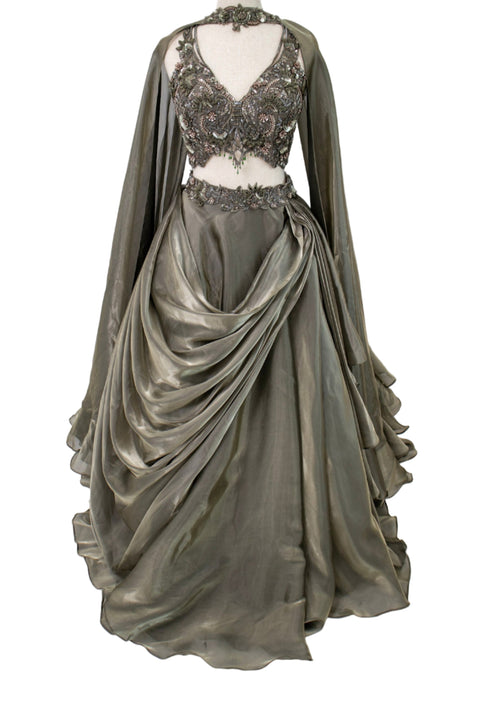 Elegant silver evening gown with a cape 