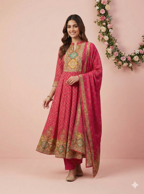 Pink Crepe Anarkali Set