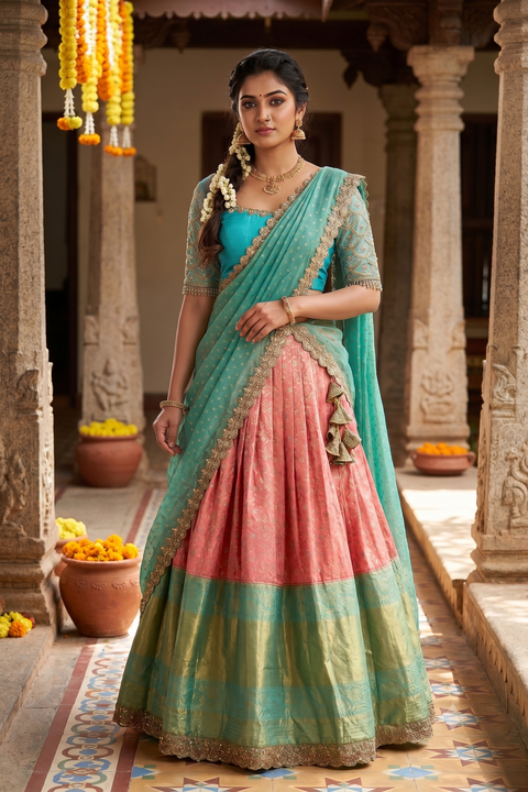 Pink and Blue Kanjivaram Half Saree