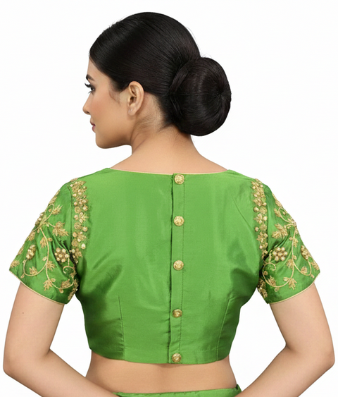 Parrot Green Readymade Blouse with Hand Work