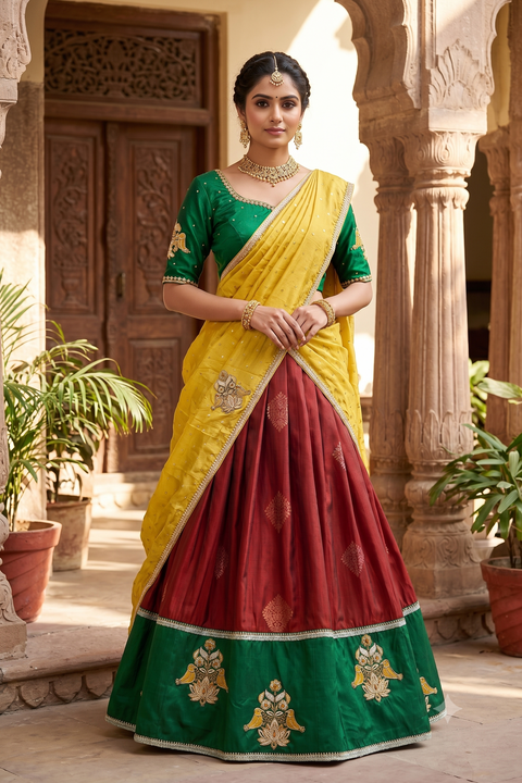 Red and Green Kanjivaram Half Saree