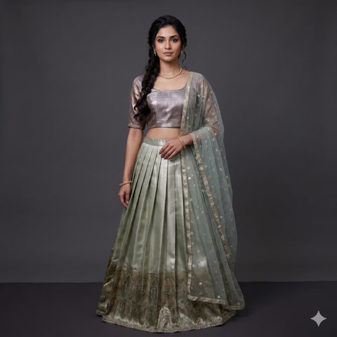 Green & Brown Tissue Half Saree