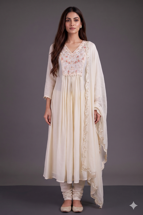 Cream Chanderi Anarkali Set