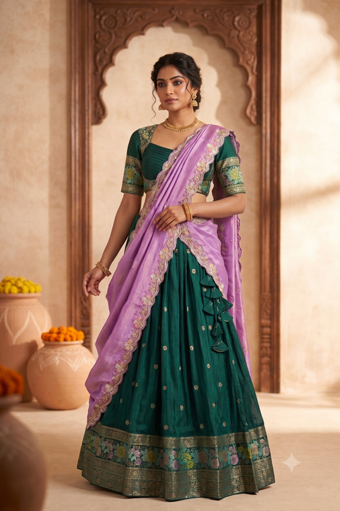 Green & Pink Dola Silk Half Saree