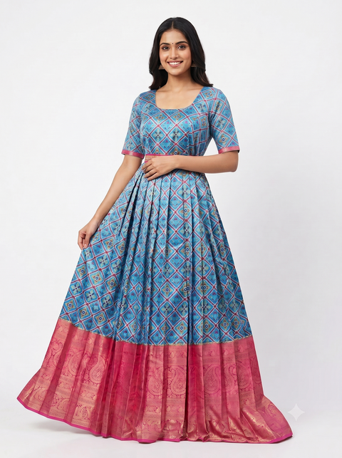 Blue and Pink Patola print Pure Silk Traditional Gown