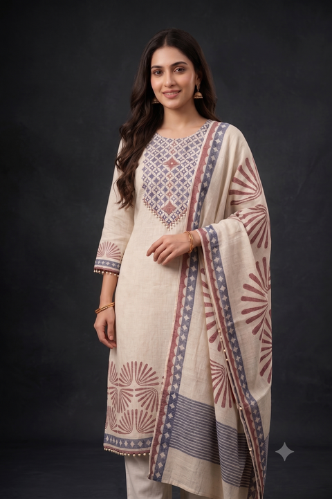 Beige and Red Lenin Cotton Kurta Set