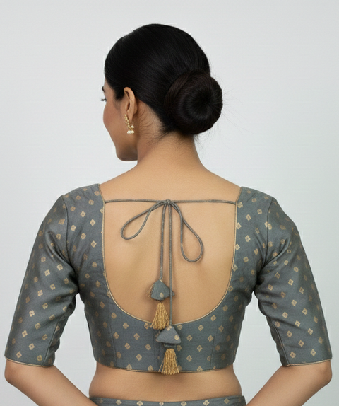 Grey Readymade Blouse with Gold Butis
