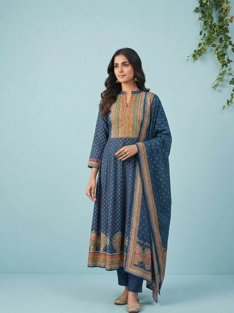 Blue Crepe Anarkali Set