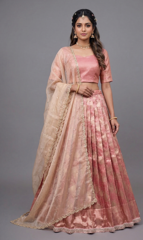 Gold & Red Tissue Half Saree