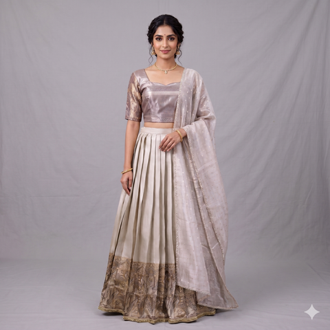 Off White & Brown Tissue Half Saree